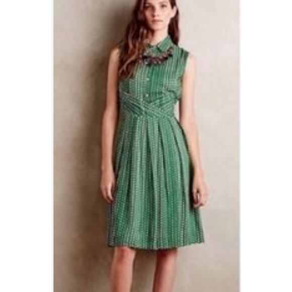 NEW Anthropologie L 11 1 TYLHO Green Polka Dot Shirt Dress A Line Preppy - Picture 1 of 6